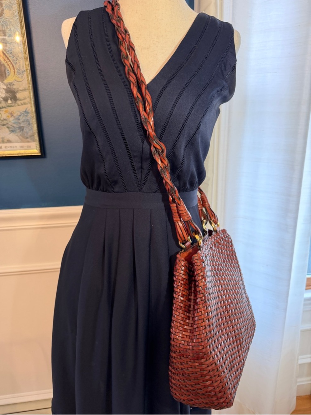 Talbots Woven Leather Crossbody Bag, Rich Brown; Magnetic Close, Braided Straps - Picture 4 of 16